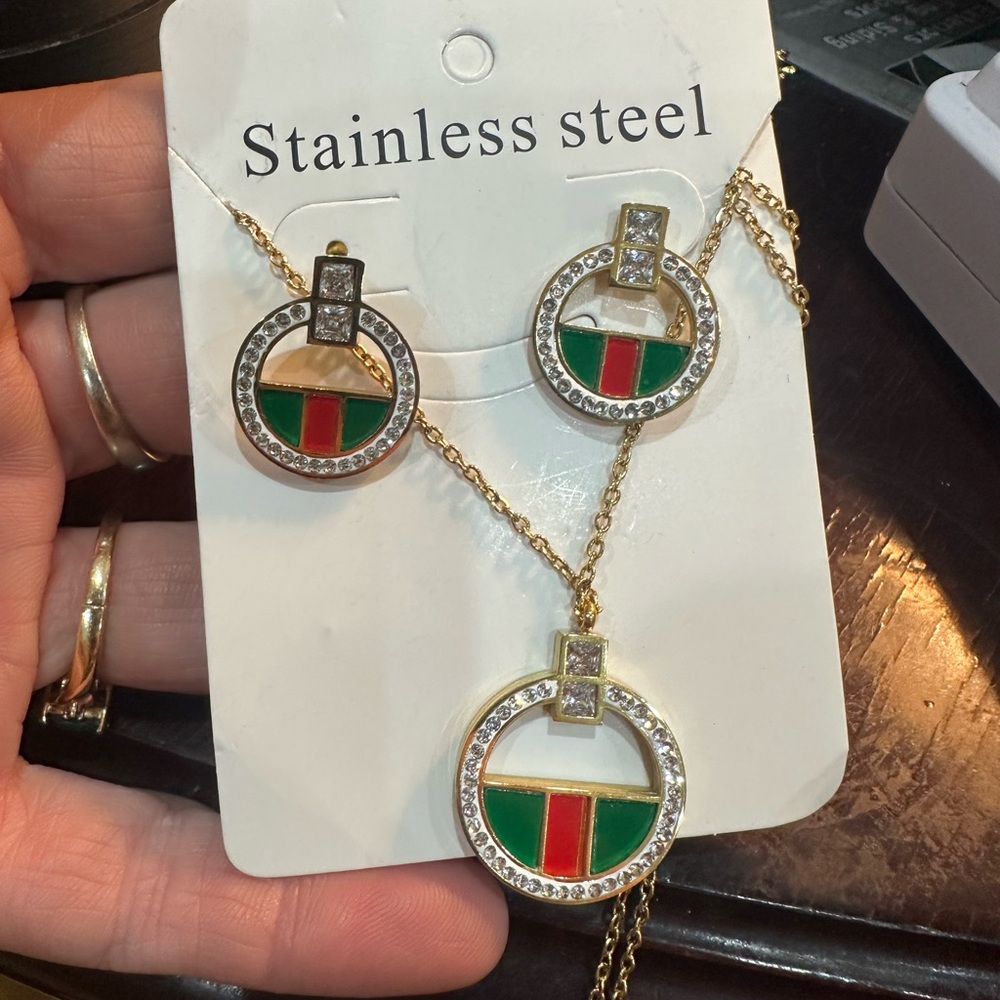 Gold and Green Stainless Steel Jewelry Set